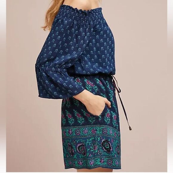 Anthropologie Kaleo Off The Shoulder Romper Navy Printed Pockets Size XS - Picture 2 of 13